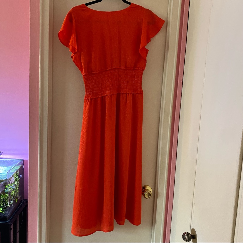 Leith Red Midi Dress w Floral Print, V-Neck, Ruffle Sleeves and Slit in Front - Picture 2 of 5